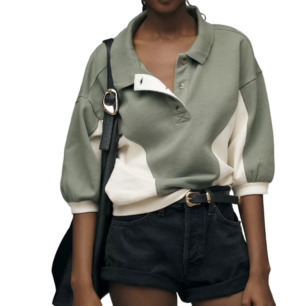 Anthro Pilcro Niki Bubble Sweatshirt Colorblock Collared Pullover Green Cream